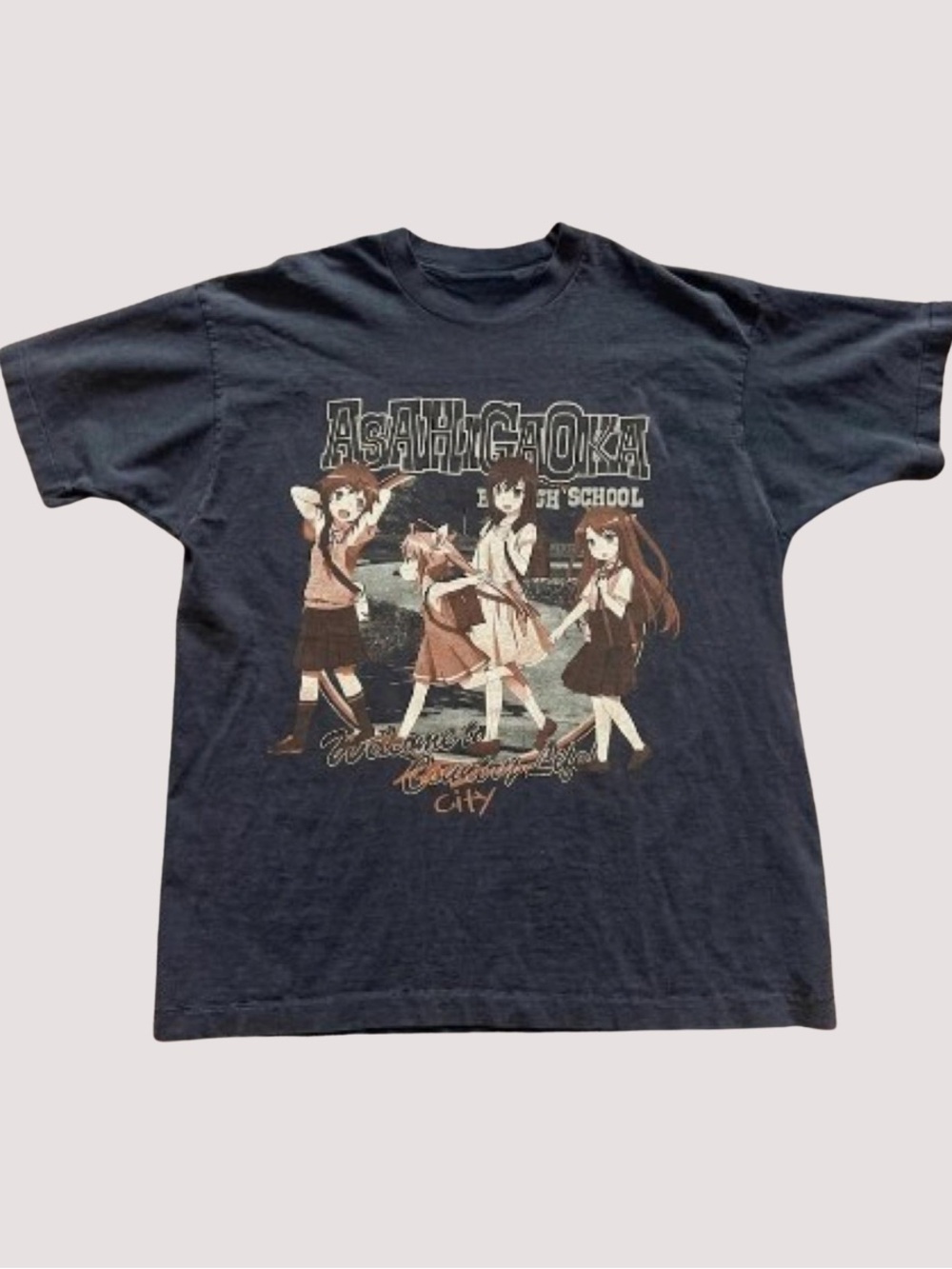 Asahigaoka Anime Graphic Short Sleeve Tee, Vintage Black T-Shirt